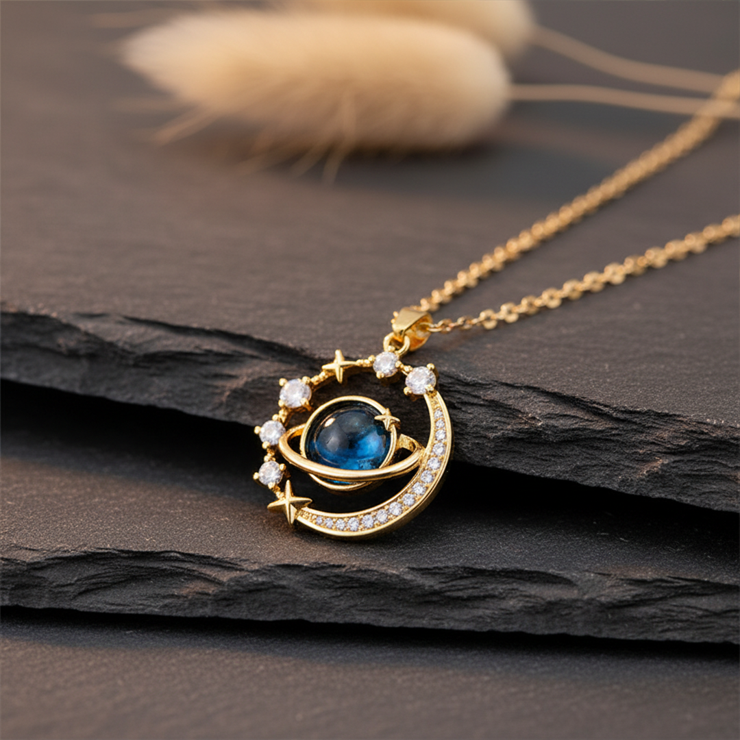 Cosmic Galaxy Pendant Necklace — Blue Universe & Crescent Moon