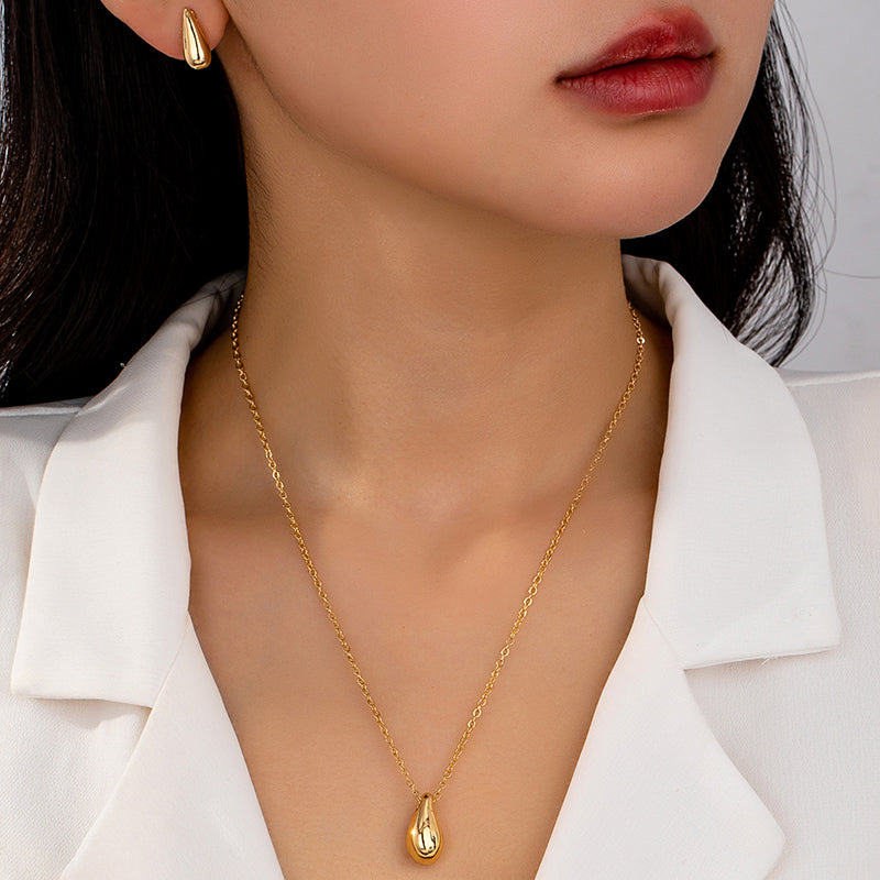 Gold Water Drop Pendant Necklace & Earring Set — Smooth Teardrop