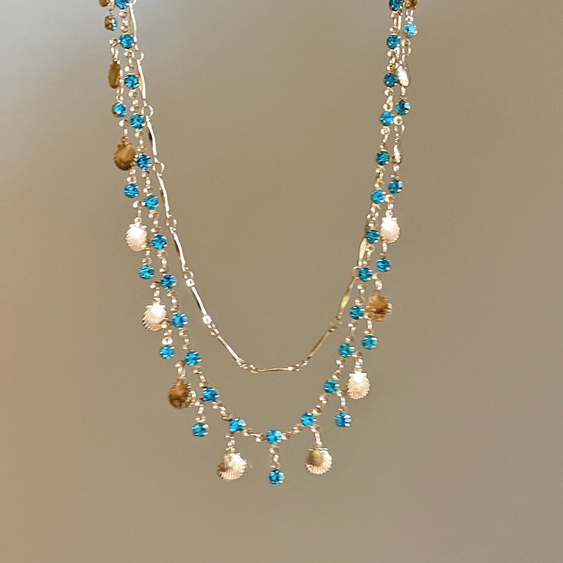 Blue Rhinestone & Gold Shell Double Layer Necklace