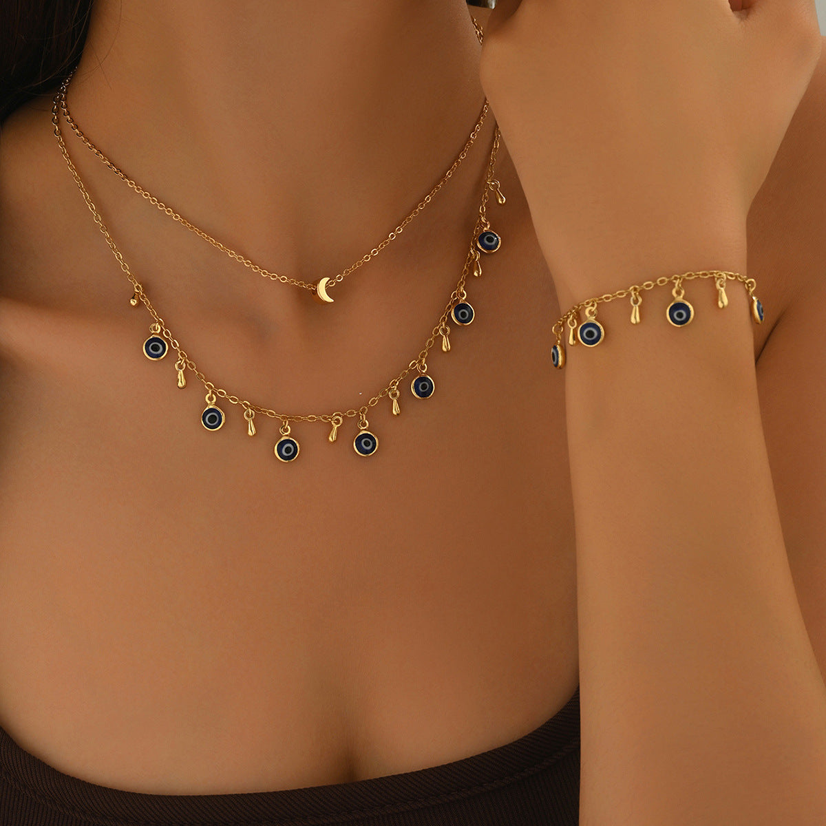 Layered Gold Evil Eye Necklace & Bracelet Set with Crescent Moon