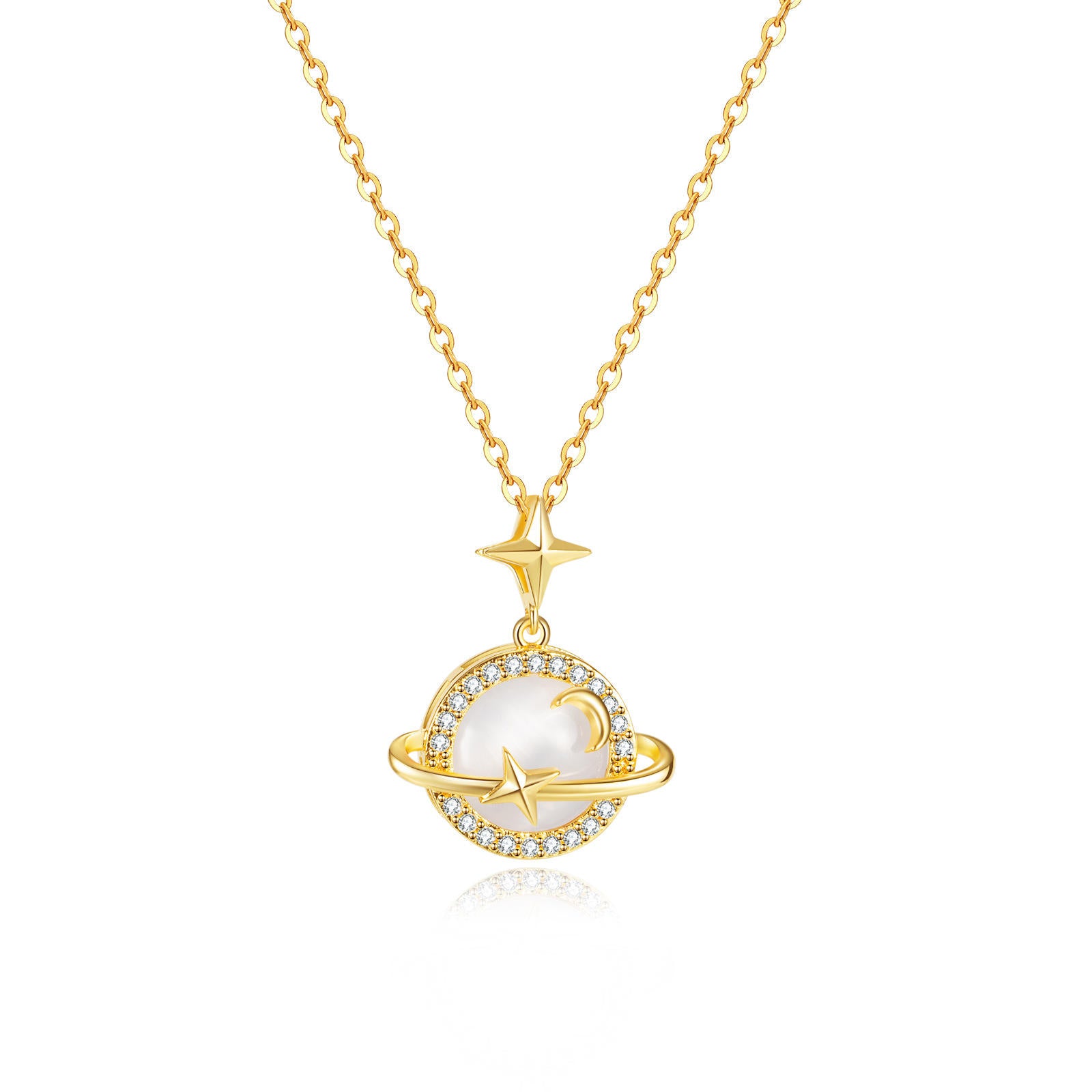 Gold Planet Pendant Necklace with Pearl & Crystal Halo