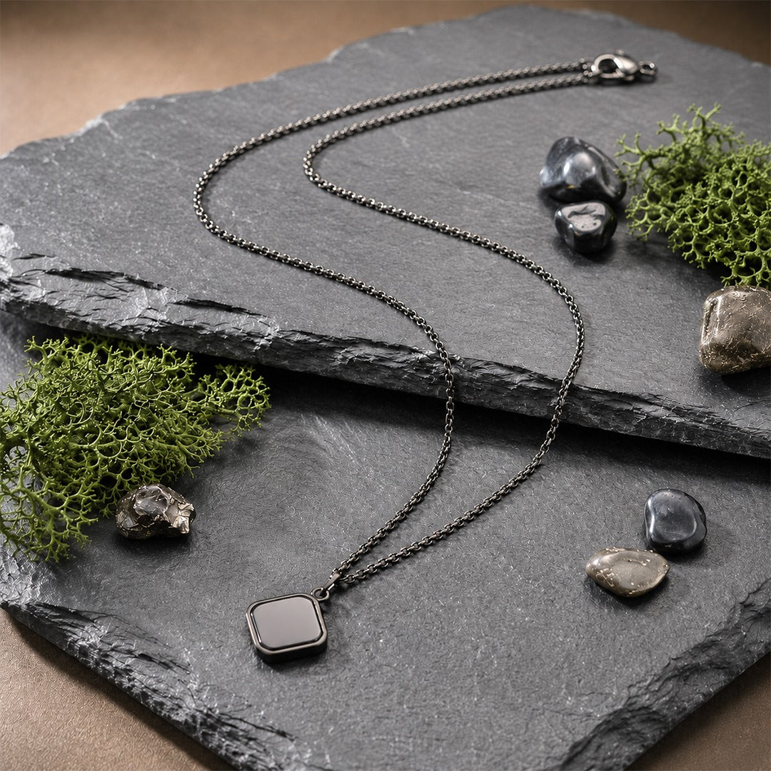 The Black Shield Pendant with Chain — Black Onyx