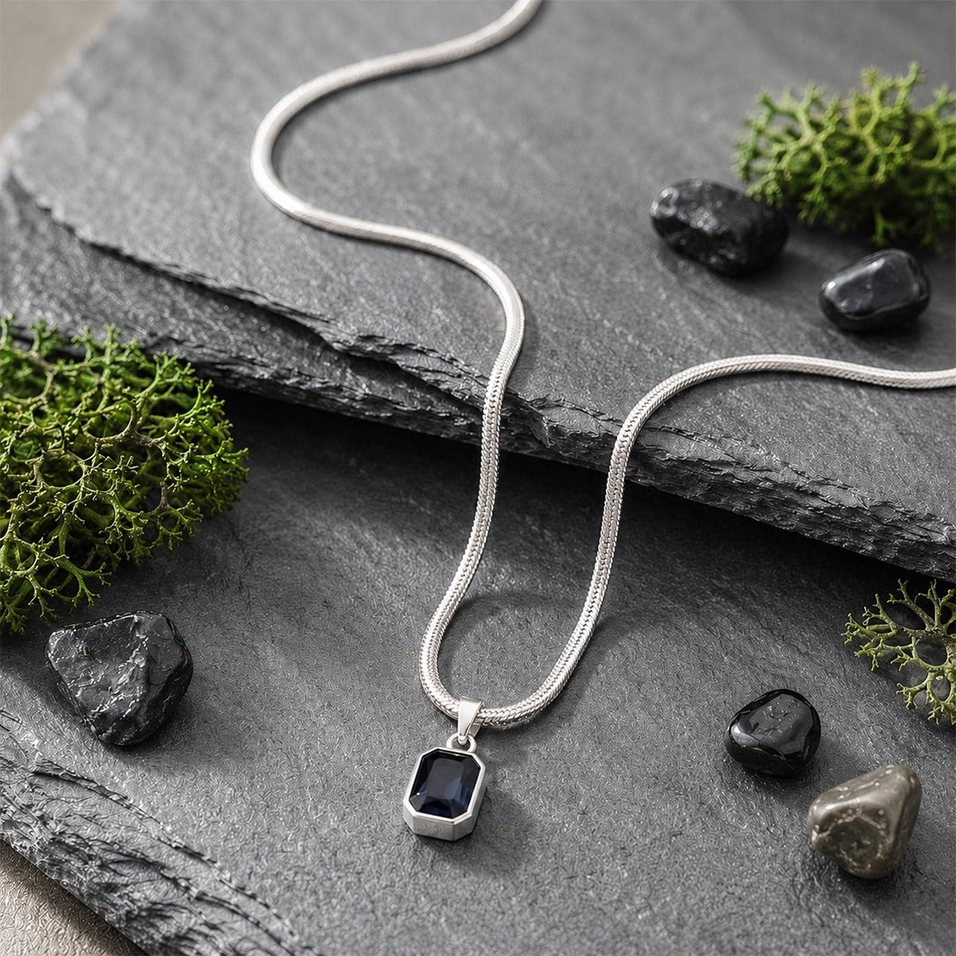 Neptune Pendant with Chain — Blue CZ & Silver Snake Chain