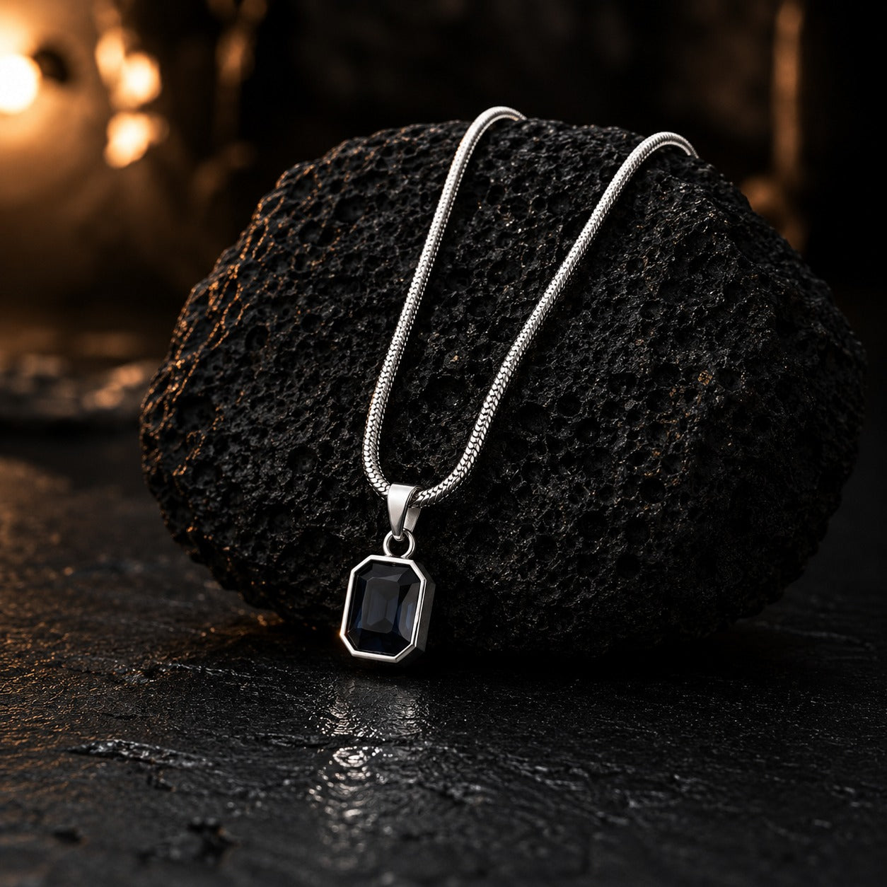 Neptune Pendant with Chain — Blue CZ & Silver Snake Chain