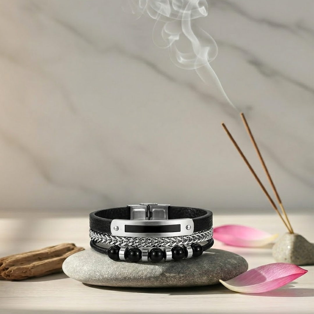 Triple-Strand Layered Stack Bracelet for Men — Leather, Chain & Beads
