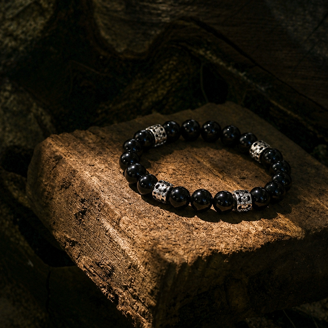 Polished Black Onyx Bracelet with Antique Silver Cross Charm Beads