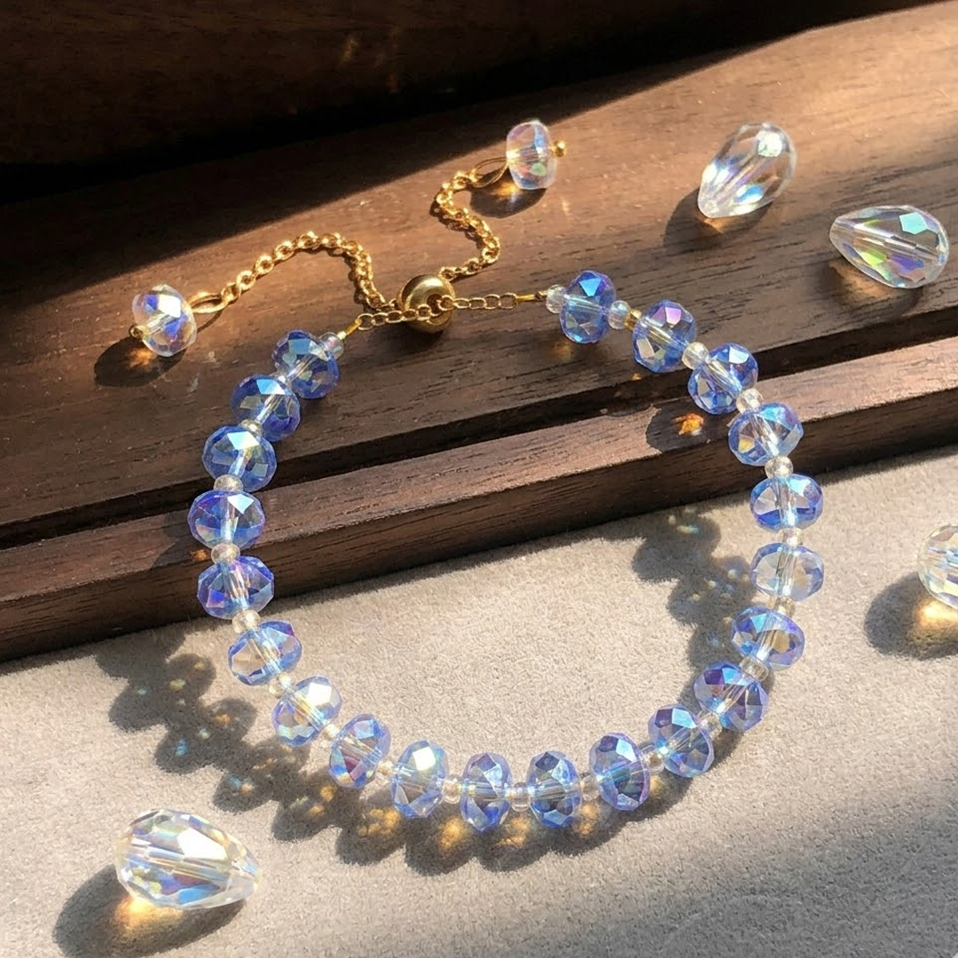 Iridescent Blue Crystal Bracelet for Women — Adjustable Gold Chain