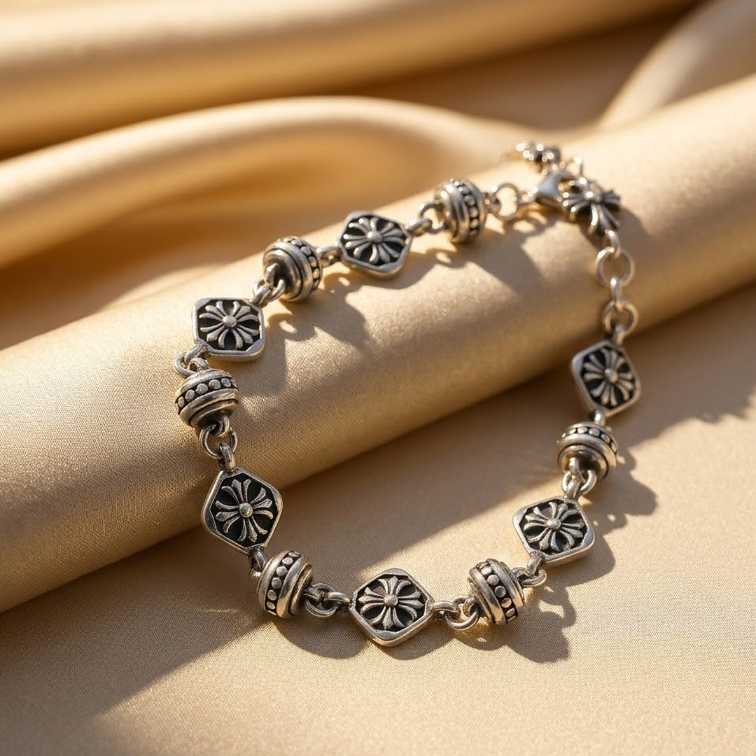 The Antique Floral Bracelet - Oxidised Silver Link Chain