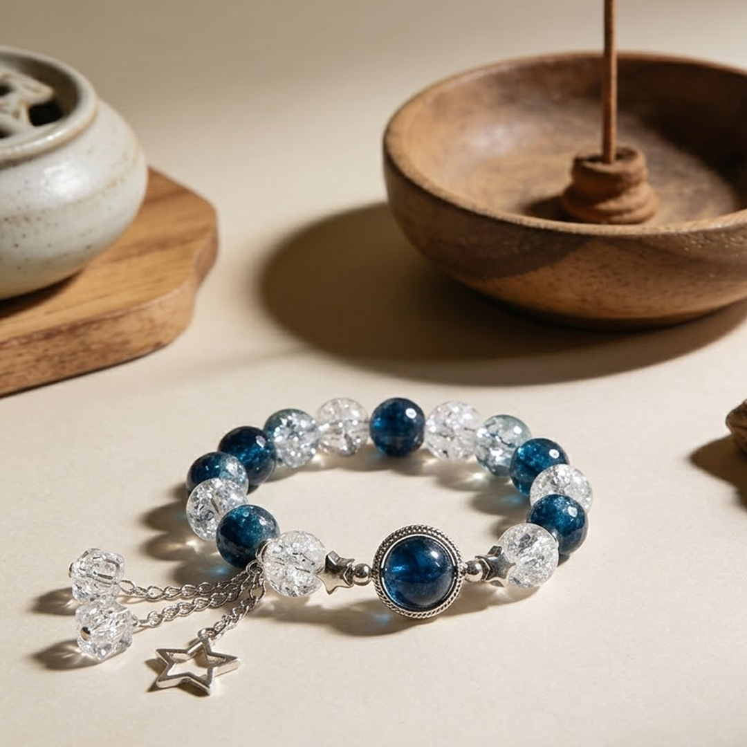 Blue Crackle Crystal Bead Bracelet with Silver Charms