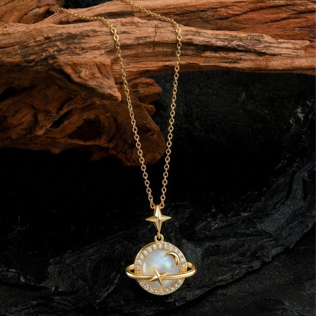 Gold Planet Pendant Necklace with Pearl & Crystal Halo