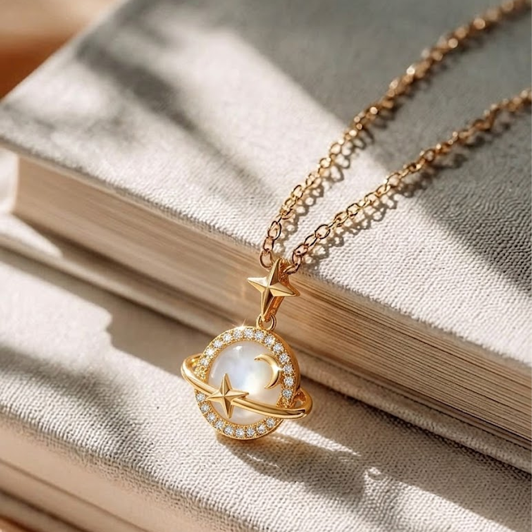 Gold Planet Pendant Necklace with Pearl & Crystal Halo